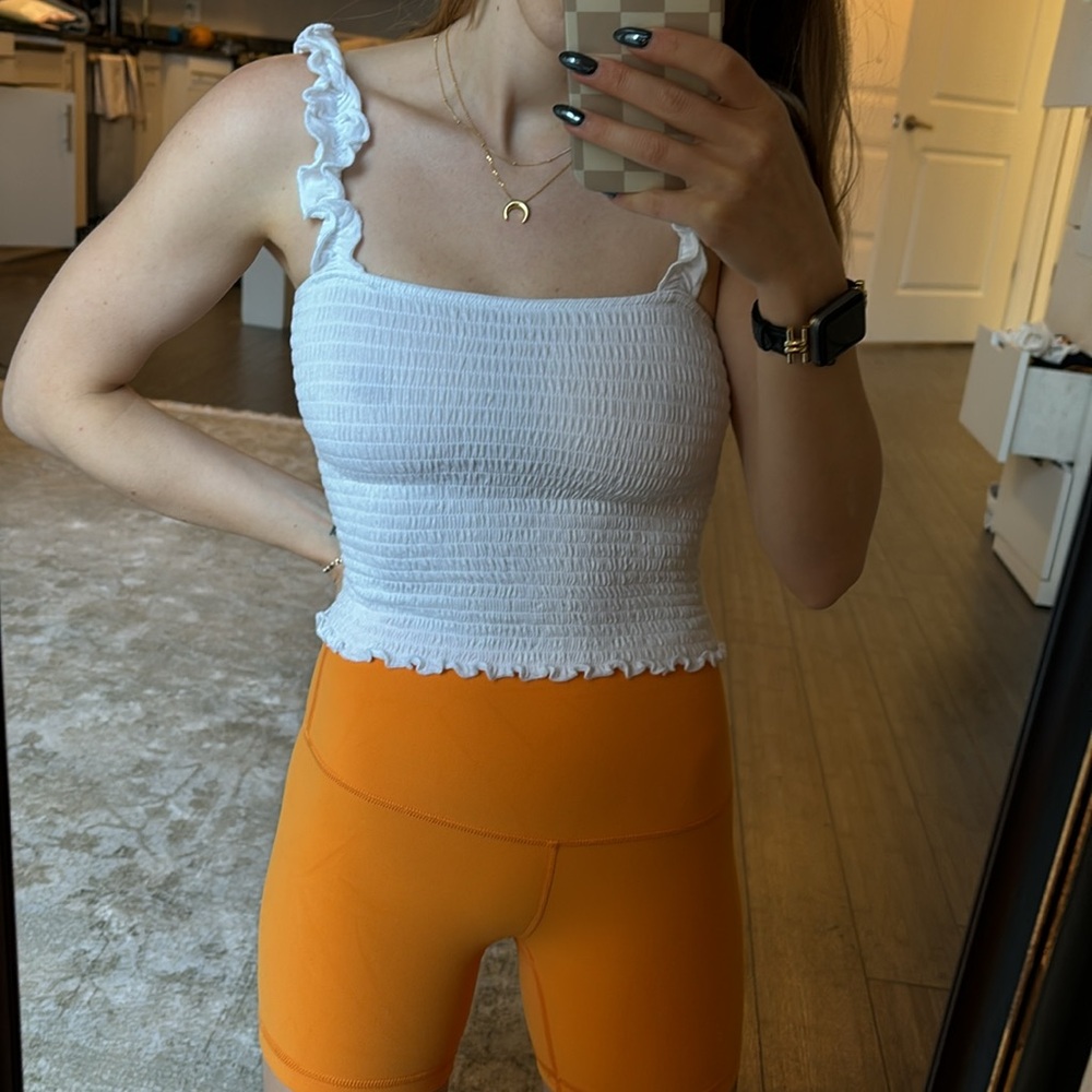 Forever 21 smocked cropped stretchy white tank top with ruffle straps - Picture 3 of 4